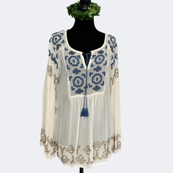Anthropologie Diem Ivory Chiffon Embroidered Beaded Boho Flounce Peasant Top 6 - Picture 5 of 15